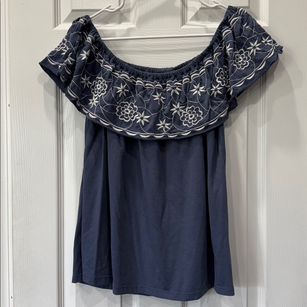 Navy Off-Shoulder Top with Embroidery